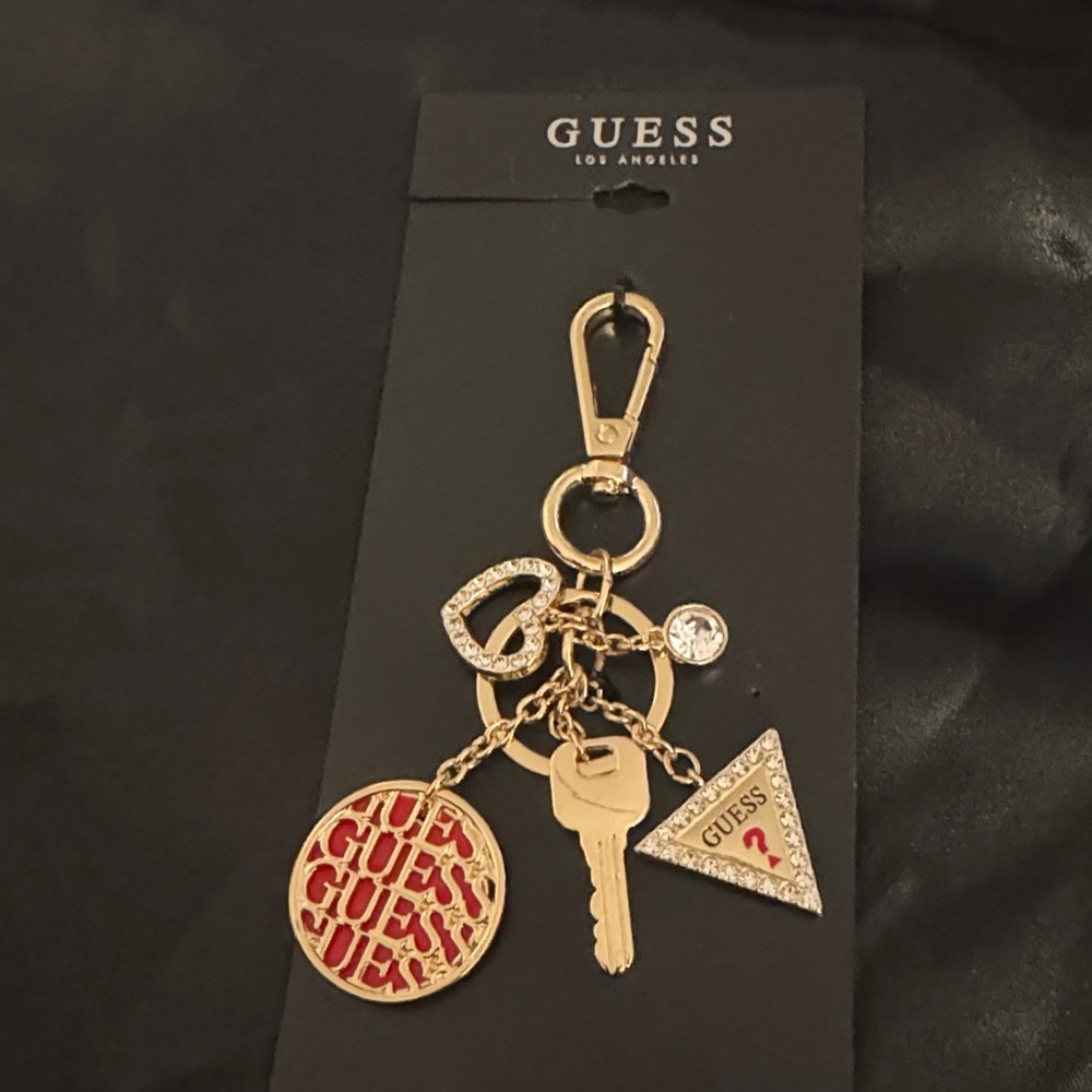 NEW Guess logo goldtone/red rhinestone Charm clip Keychain